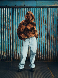 DIAMOND HOODED FUR JACKET [BROWN]